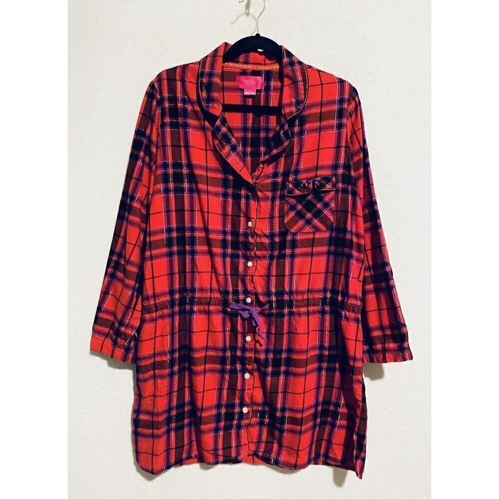 Victorias Secret Sleepshirt Womens Large Red Metallic Plaid Drawstring Holiday